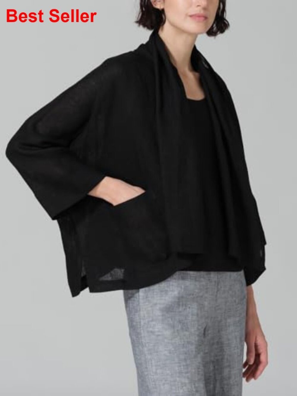Linen Blend Lightweight 3/4 Sleeve Cardigan Shrug Kimono Cover Up - Picture 2 of 6